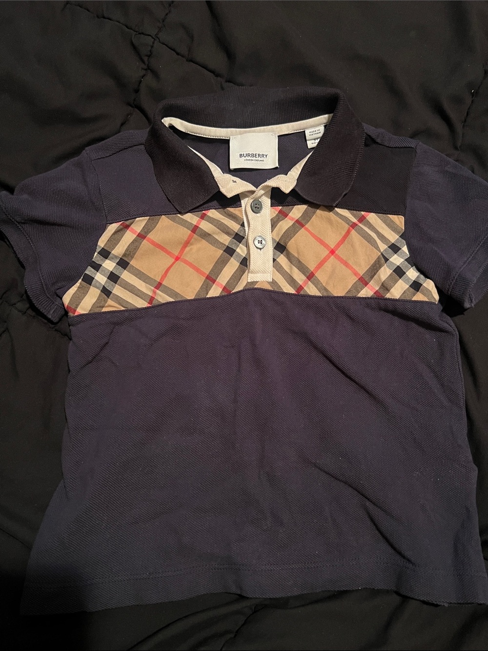 Toddler Boy Burberry Navy Polo with Signature Beige Check Panel